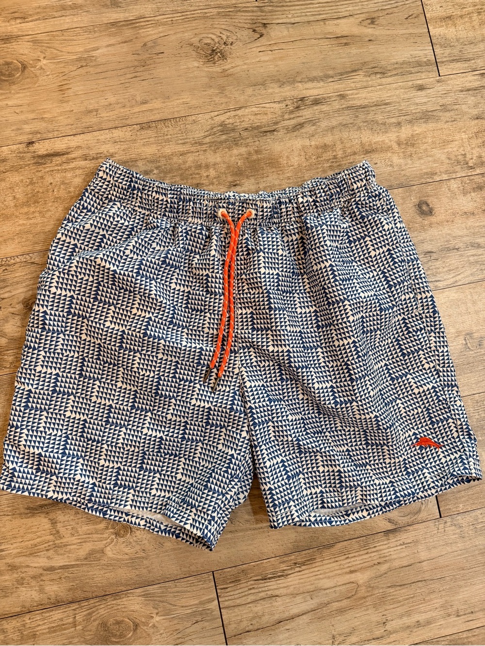 Tommy Bahama Navy & White Geometric Swim Trunks with Orange Drawstring